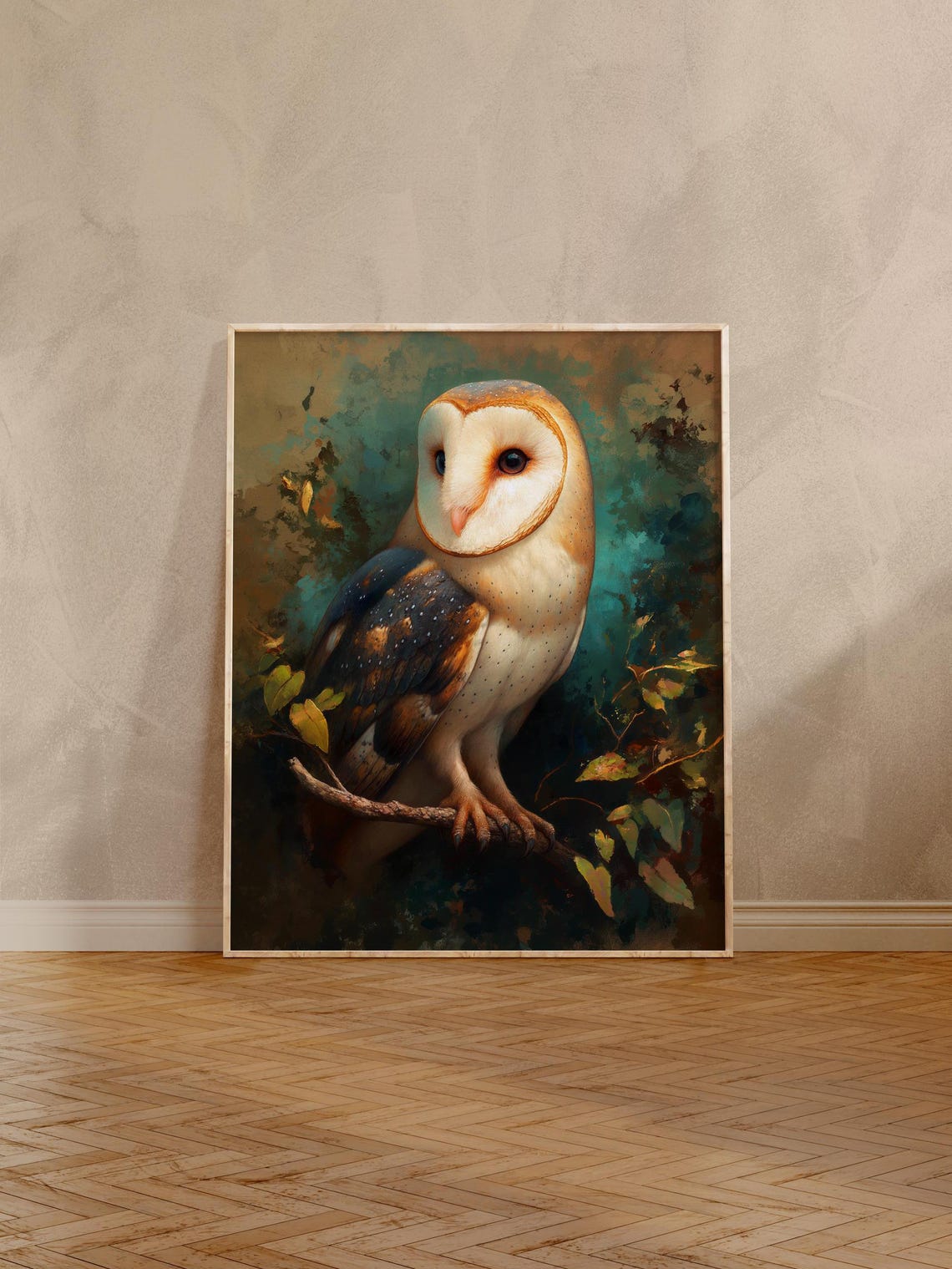 Barn Owl Perched on a Branch in Moody Forest Green Tones Poster - Image 2