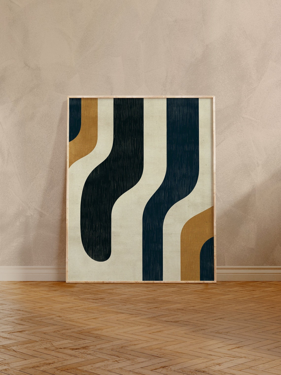 Vertical Wavy Stripes Navy Cream Ochre Retro Abstract Poster - Image 8