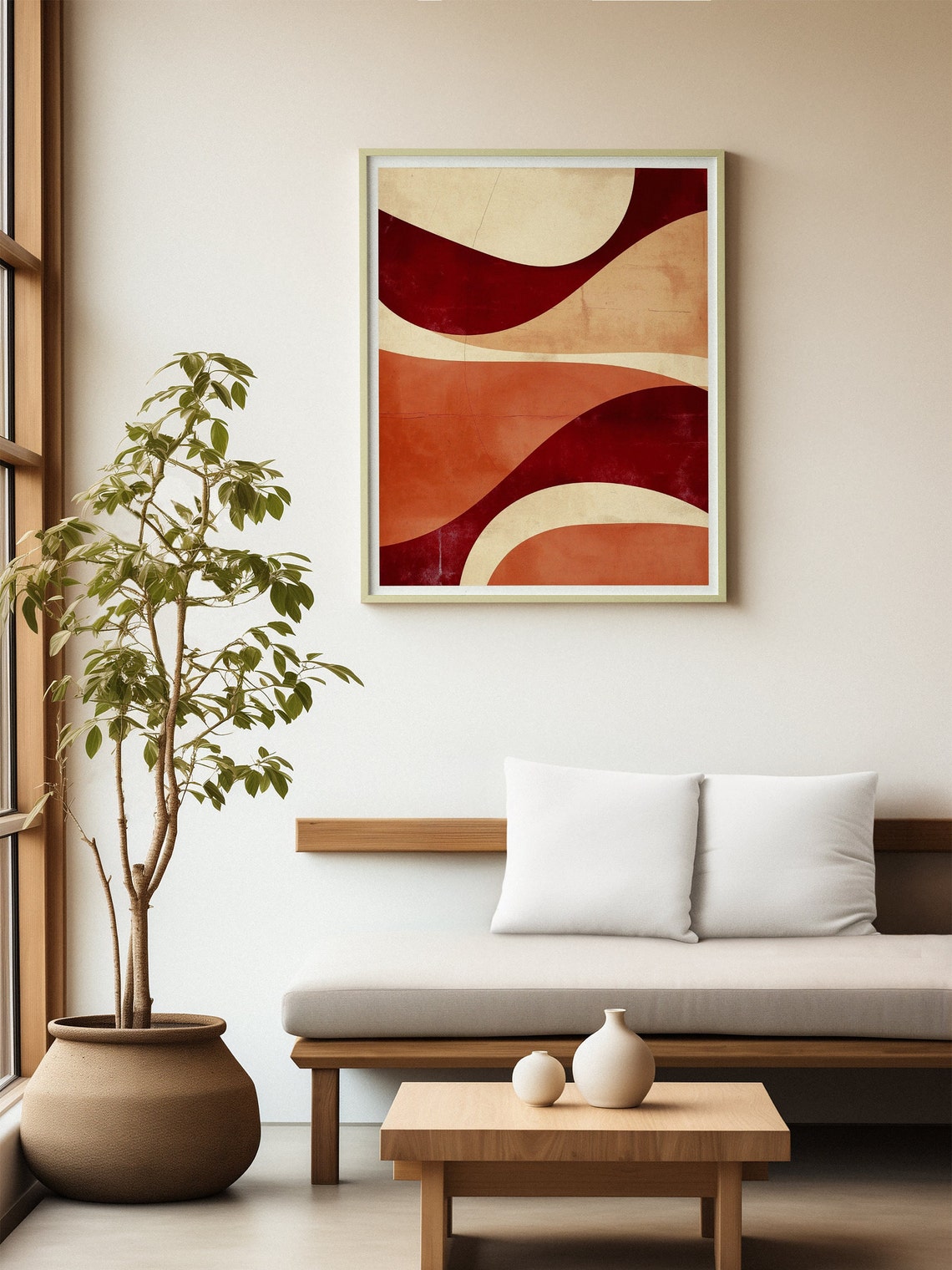 Burgundy Terracotta Cream Wavy Lines Mid Century Abstract Poster - Image 6