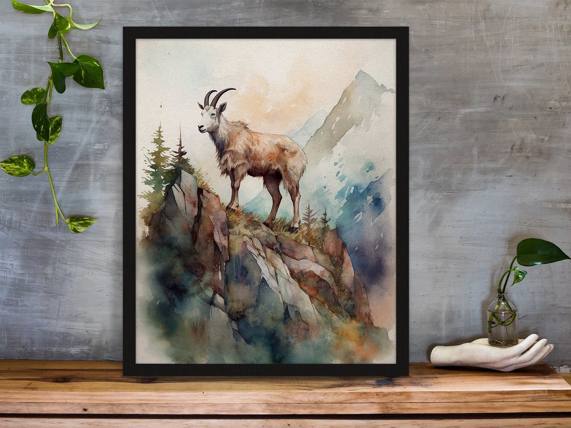 Mountain Goat on Rocky Cliff Watercolor Alpine Wildlife Poster - Image 7
