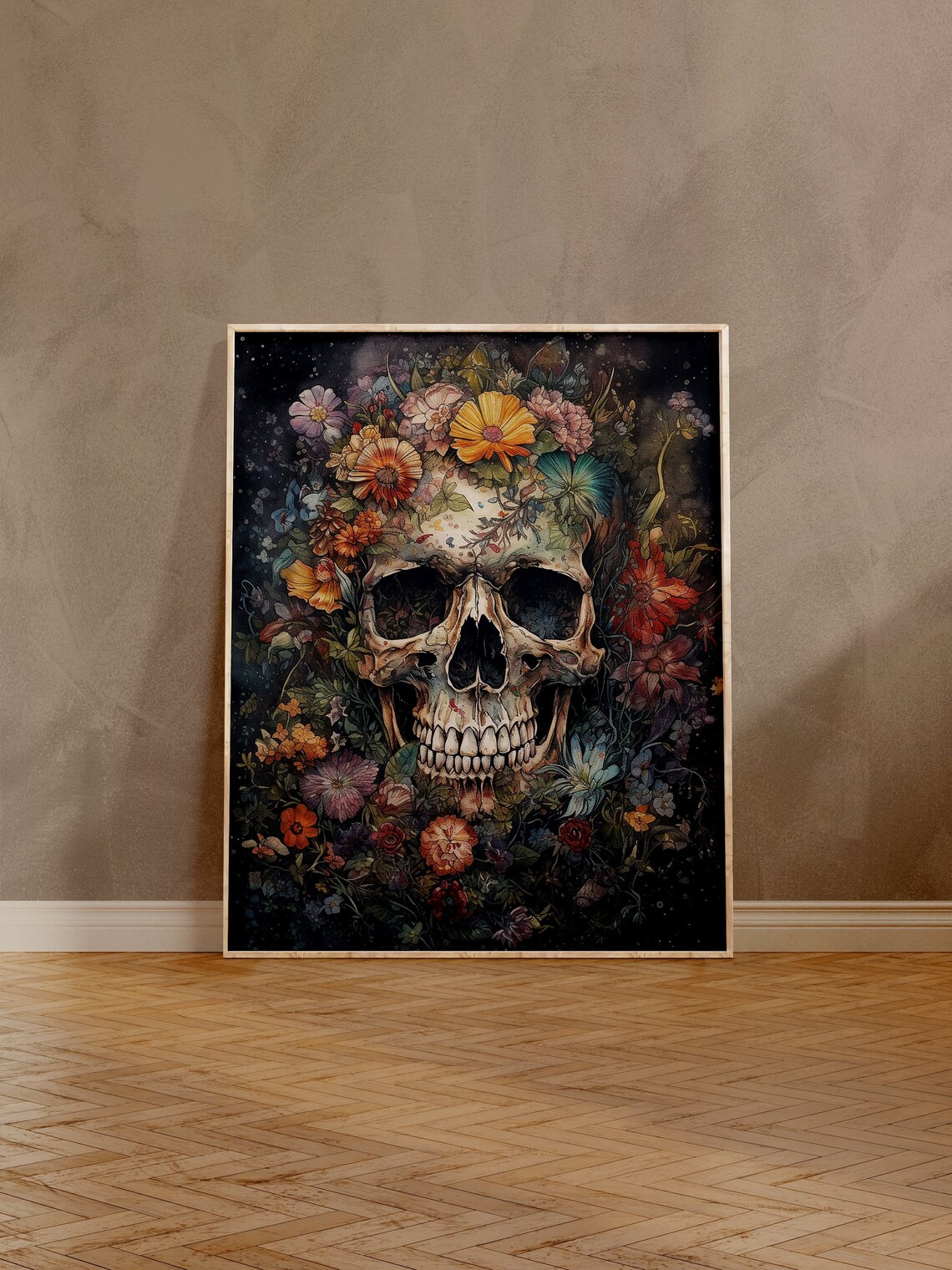 Floral Human Skull Colorful Surreal Day of the Dead Art Poster - Image 4