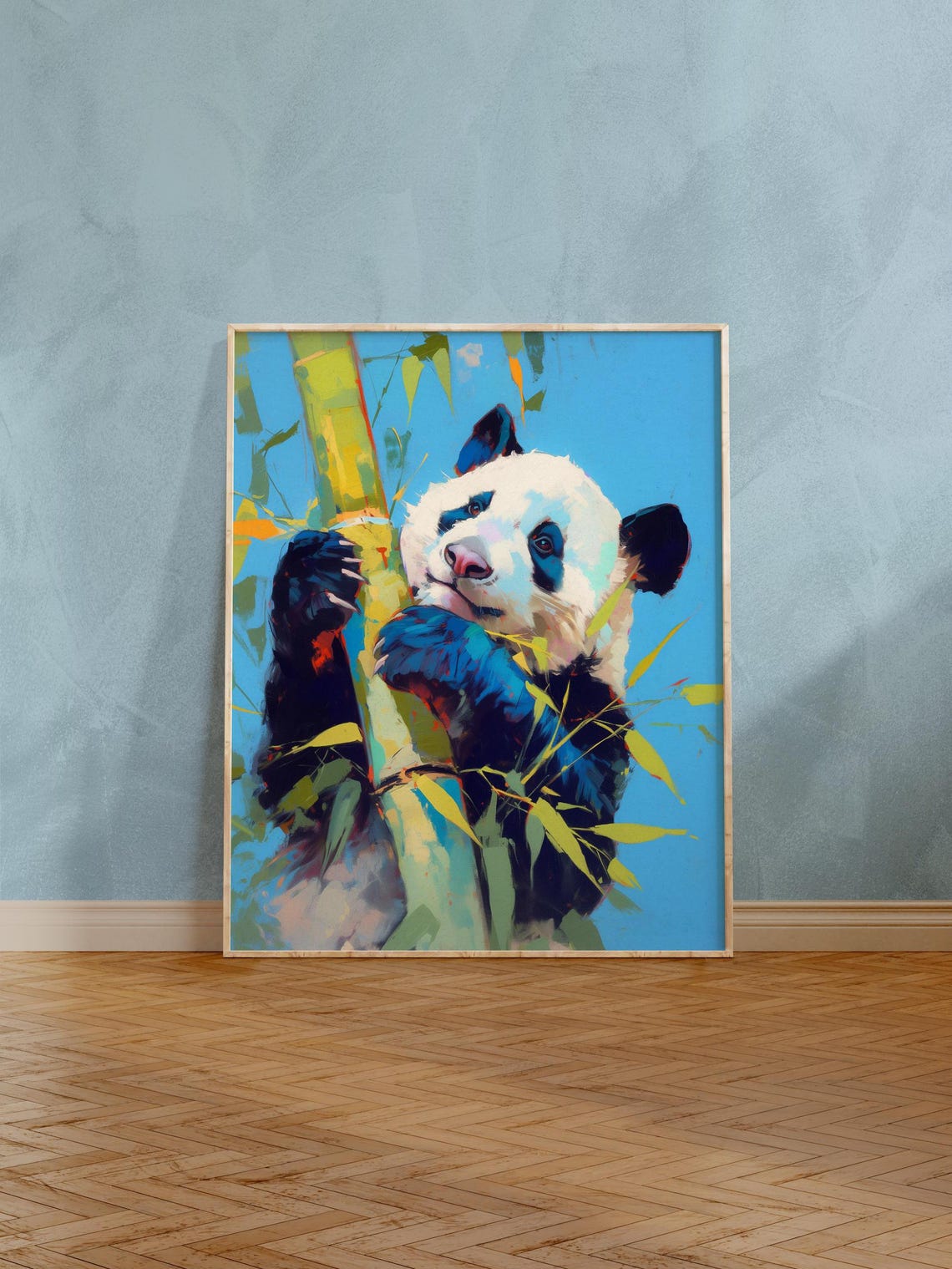 Colorful Giant Panda Hugging Bamboo Against a Bright Blue Sky Poster - Image 5
