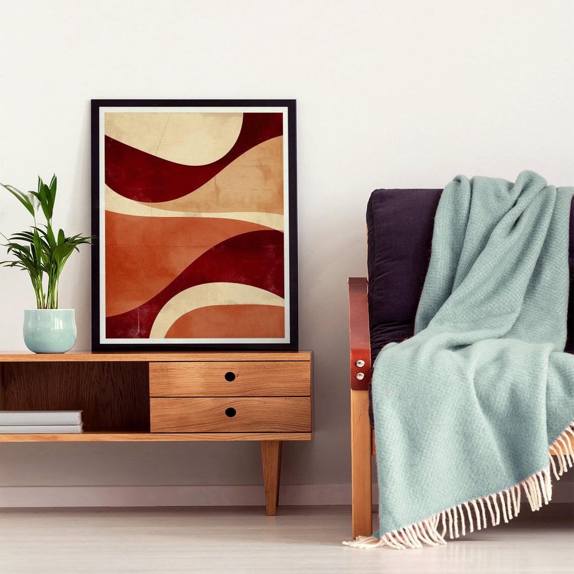 Burgundy Terracotta Cream Wavy Lines Mid Century Abstract Poster - Image 3