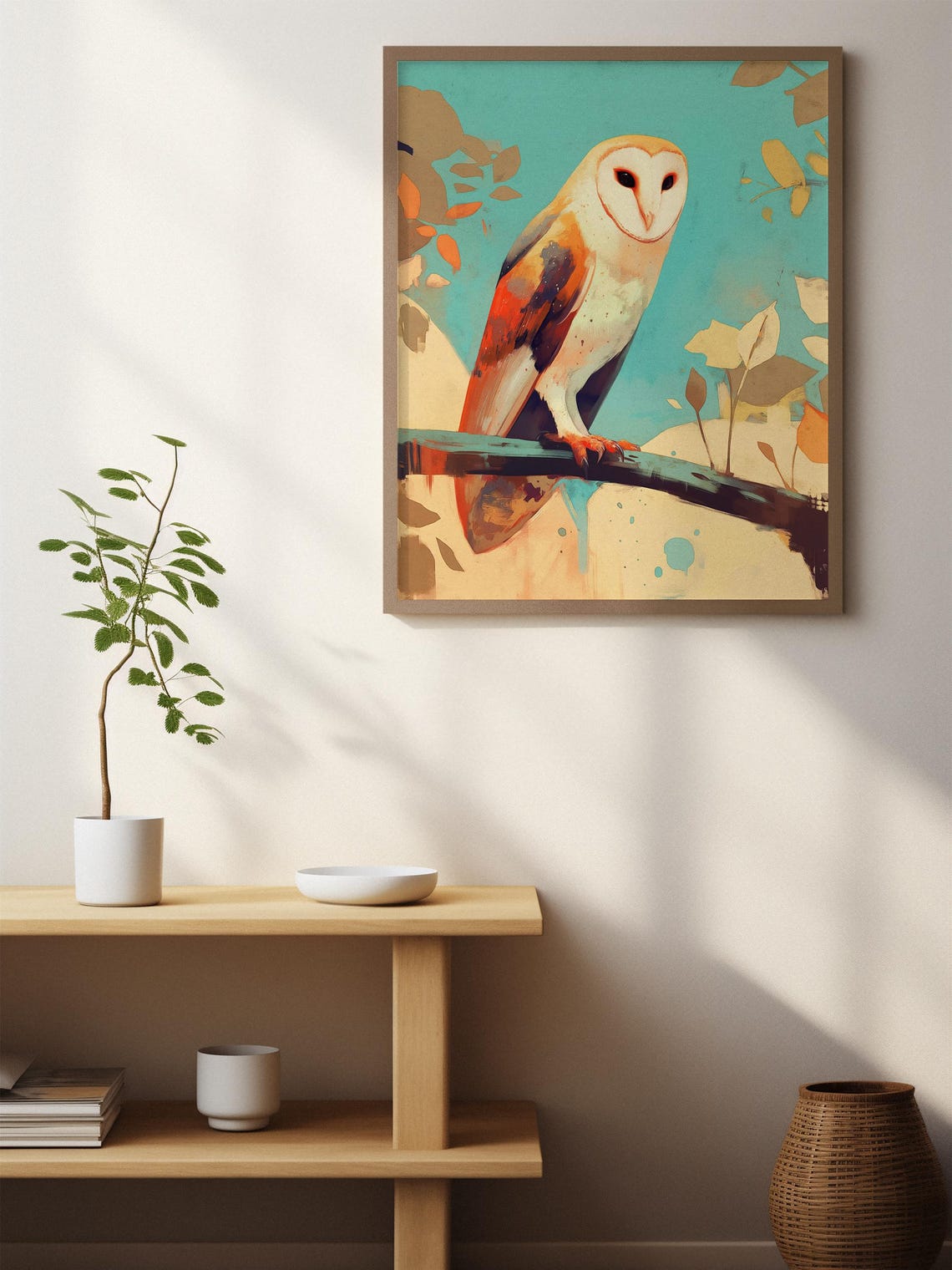 Barn Owl on a Branch in Teal and Coral Watercolor Style Poster - Image 2