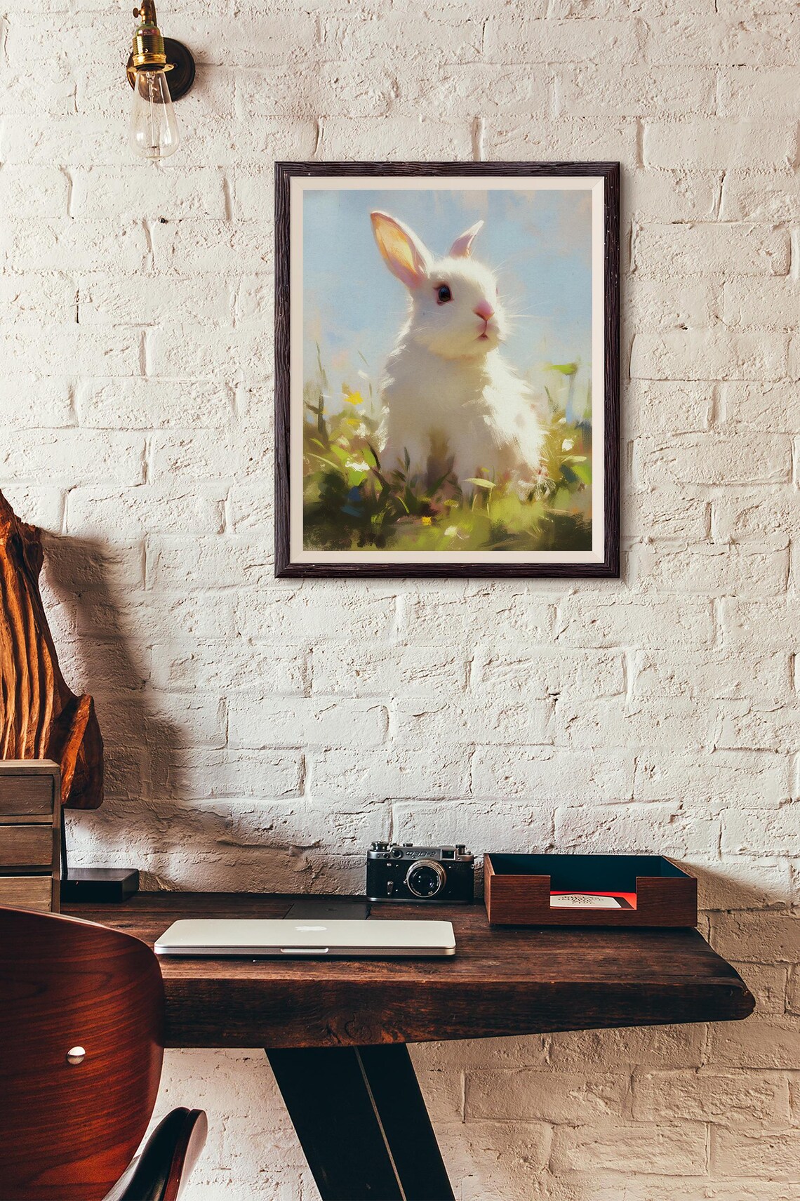 Sweet White Baby Bunny Sitting in a Sunny Flower Meadow Art Poster - Image 3