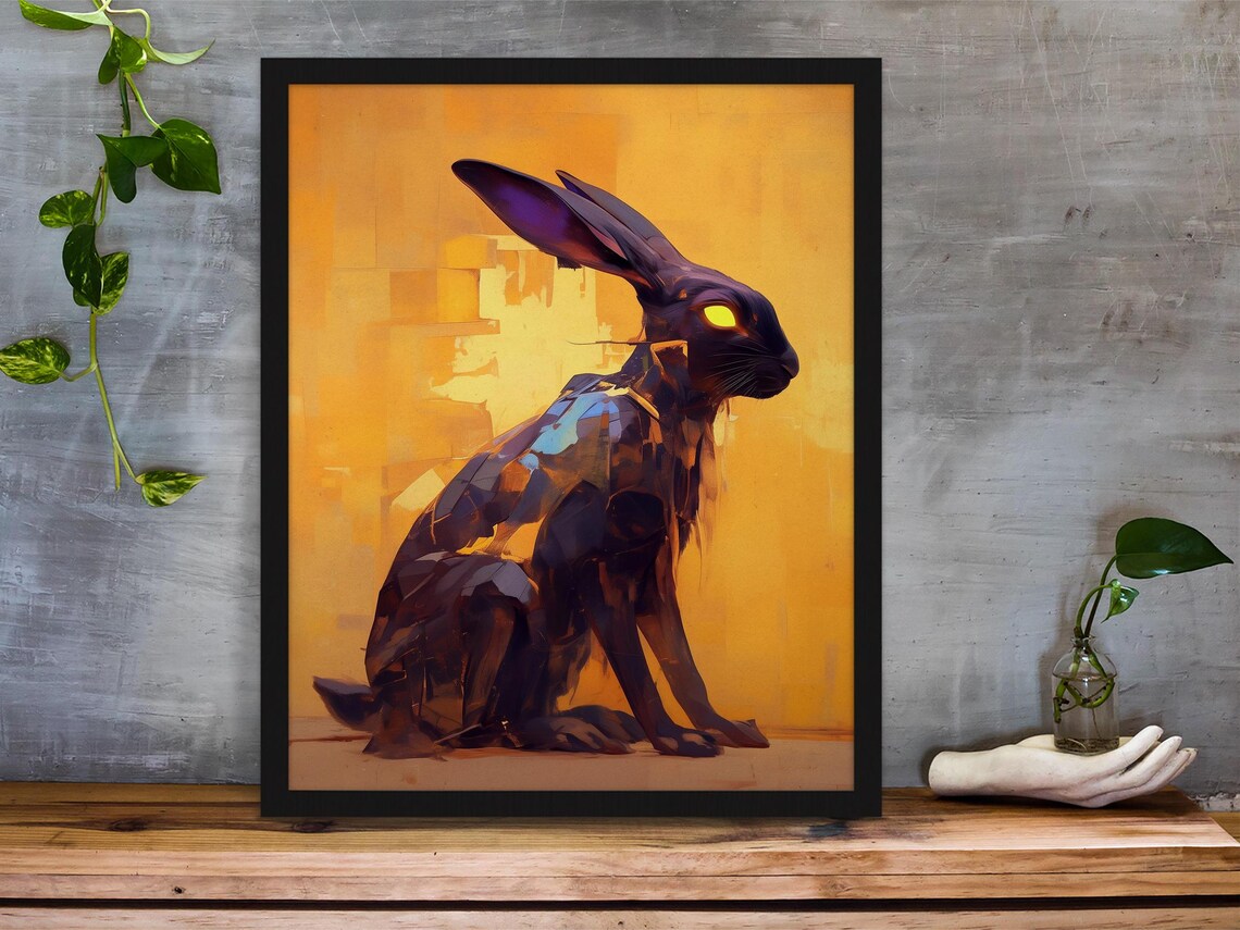 Dark Stylized Rabbit With Glowing Yellow Eyes on Golden Background Poster - Image 3