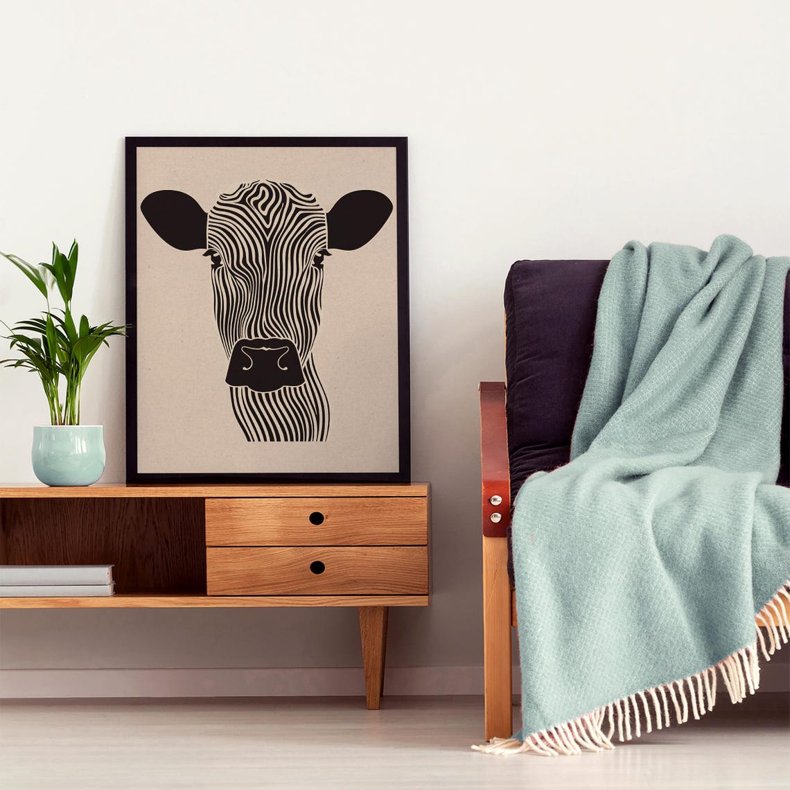 Bold Graphic Black and White Zebra-Striped Cow Head Line Art Poster - Image 6