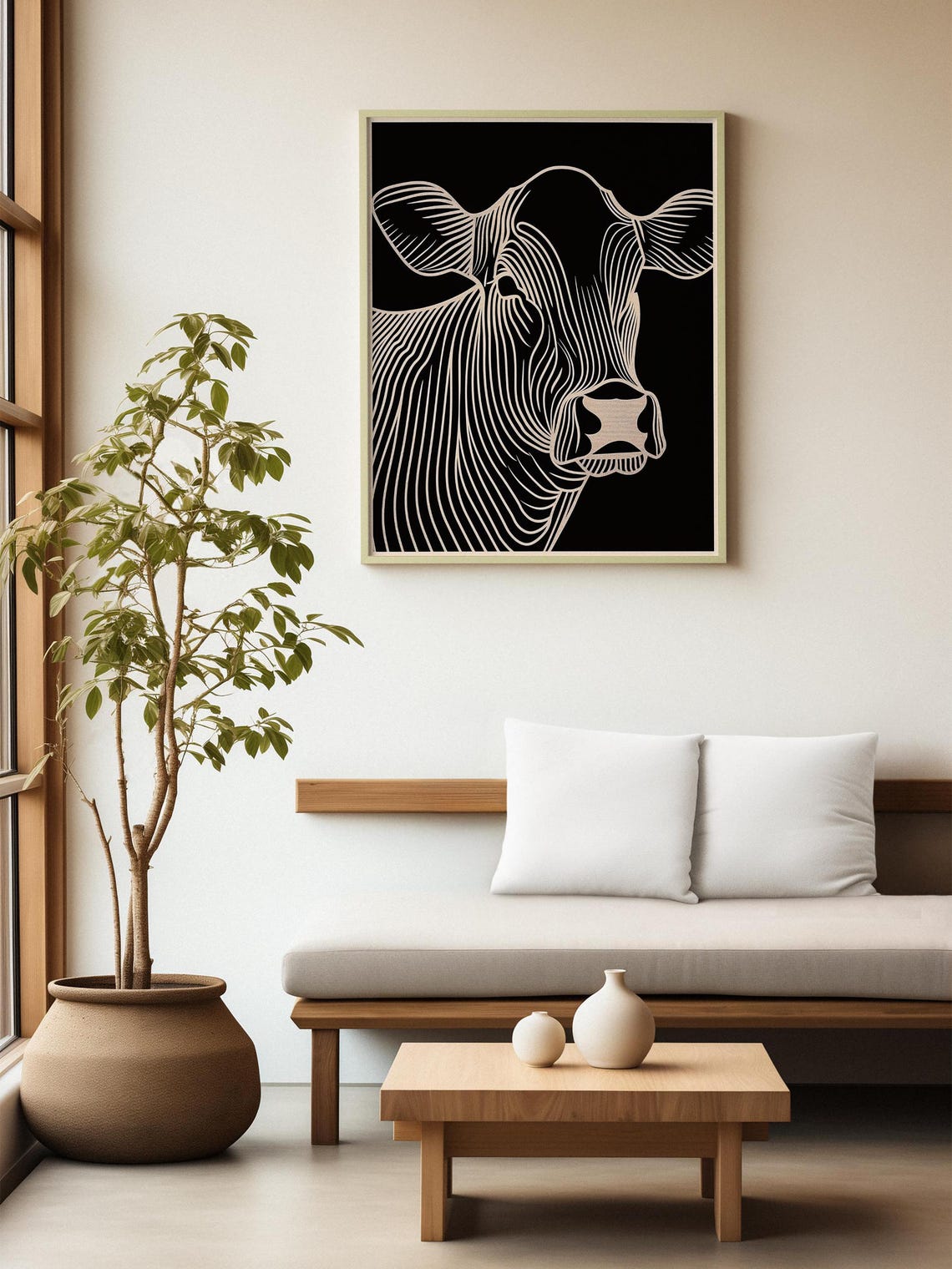 White Line Art Cow Head on a Dramatic Black Background Poster - Image 2