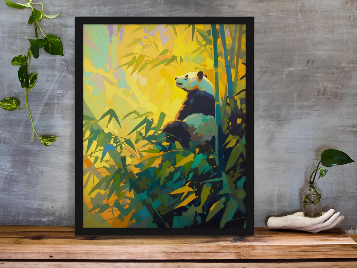 Giant Panda Sitting in a Golden Sunlit Bamboo Forest Painting Poster - Image 6