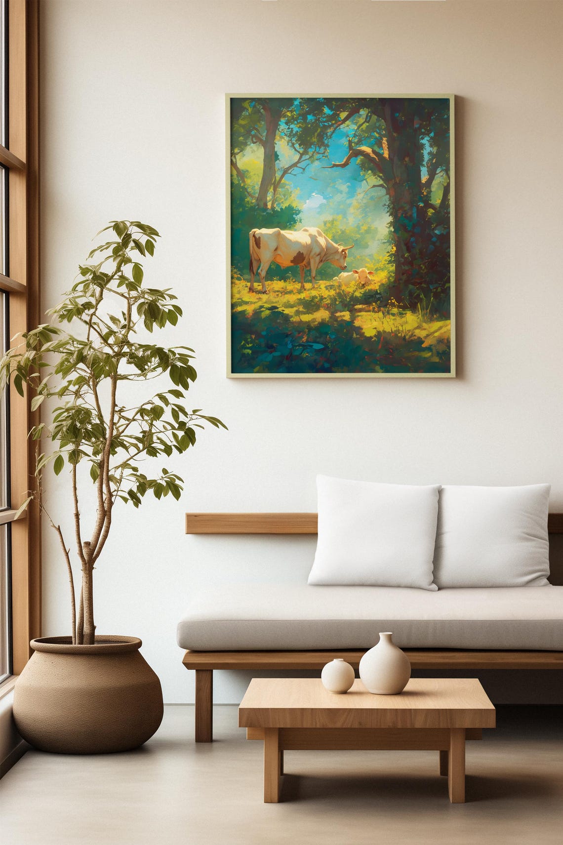 White Cow and Calf Resting in a Sunlit Forest Clearing Poster - Image 2