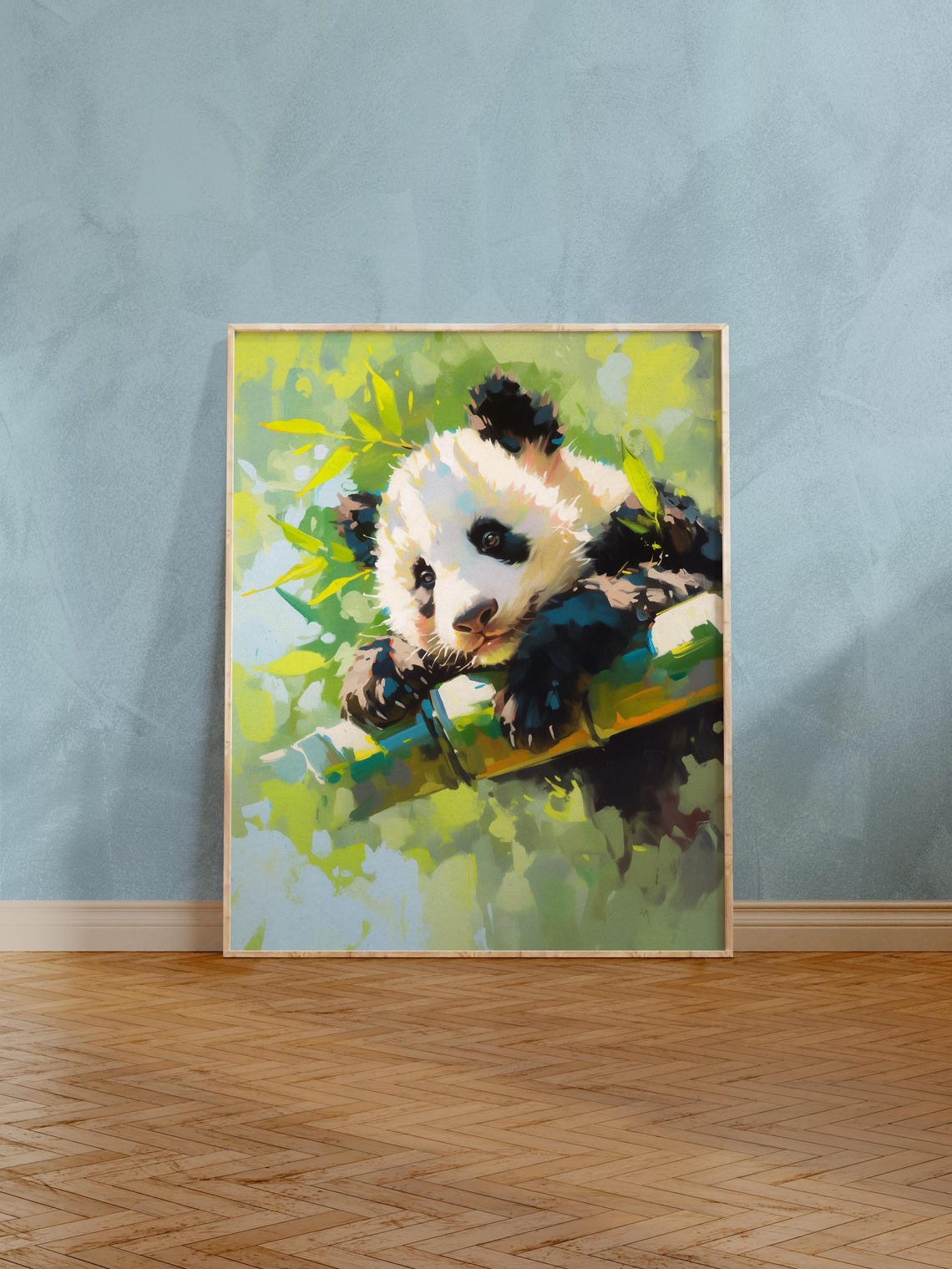 Cute Panda Cub Resting on Bamboo Among Soft Green Leaves Art Poster - Image 6
