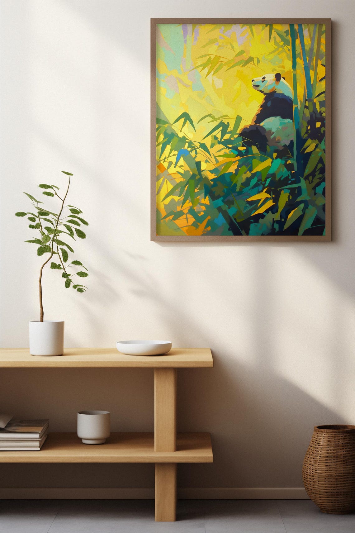Giant Panda Sitting in a Golden Sunlit Bamboo Forest Painting Poster - Image 3