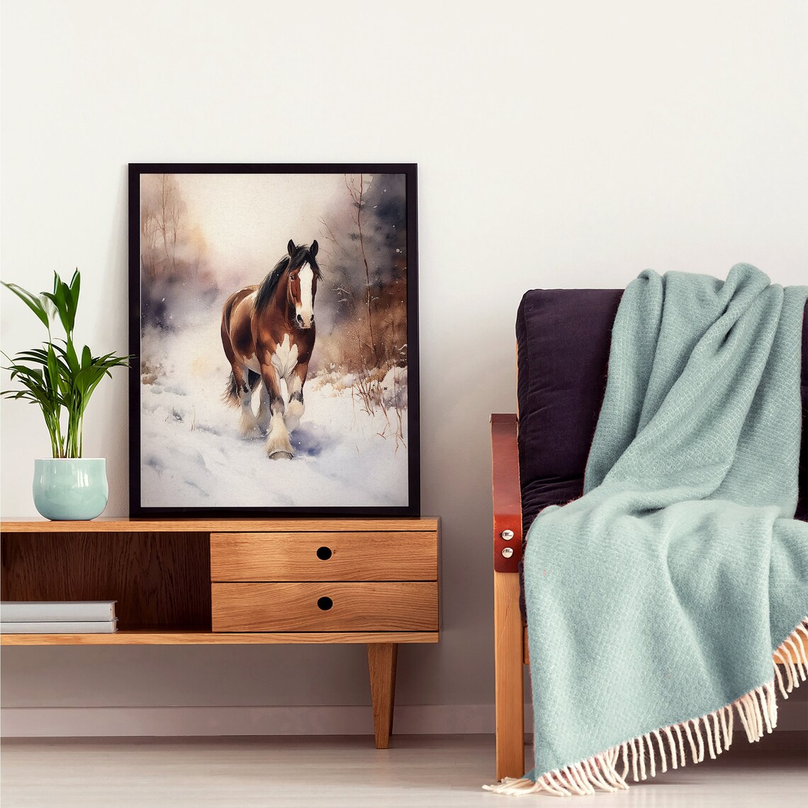 Clydesdale Horse in Snow Watercolor Winter Farm Animal Poster - Image 5