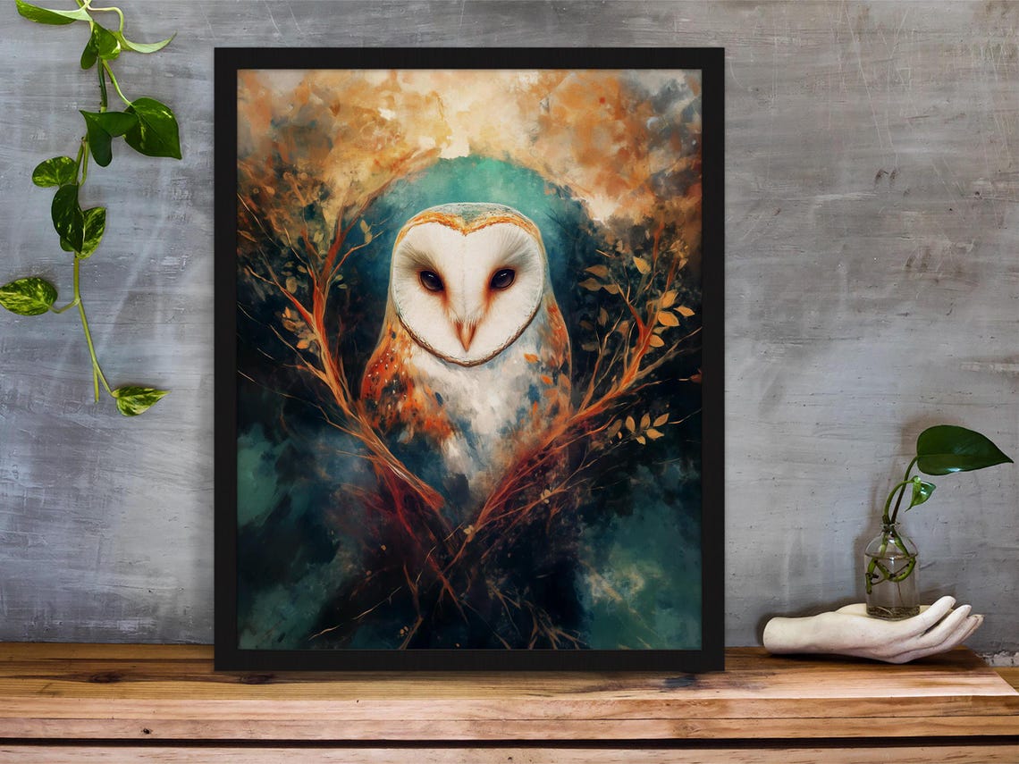 Barn Owl in Dark Teal Branches with a Mystical Night Glow Poster - Image 3