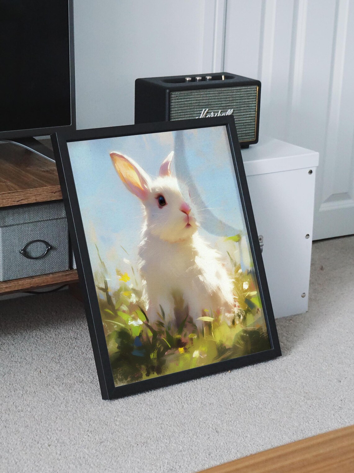 Sweet White Baby Bunny Sitting in a Sunny Flower Meadow Art Poster - Image 8