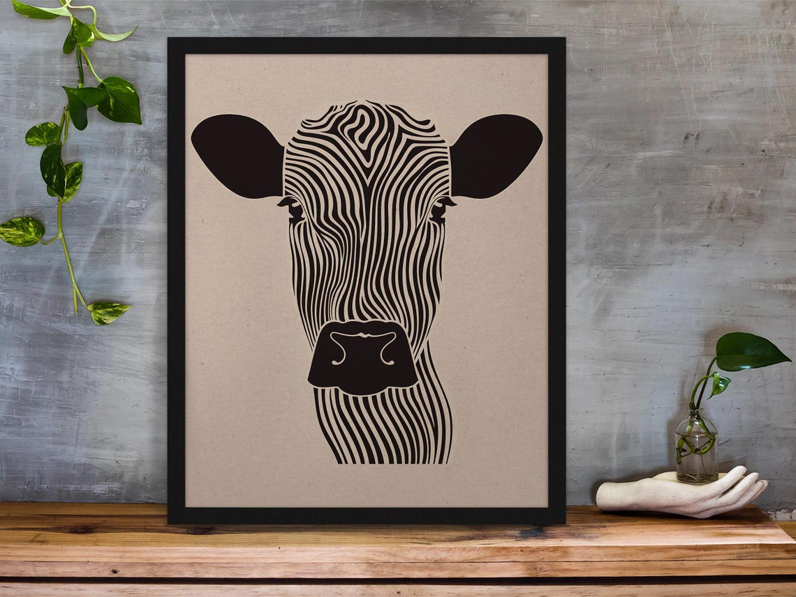 Bold Graphic Black and White Zebra-Striped Cow Head Line Art Poster - Image 3