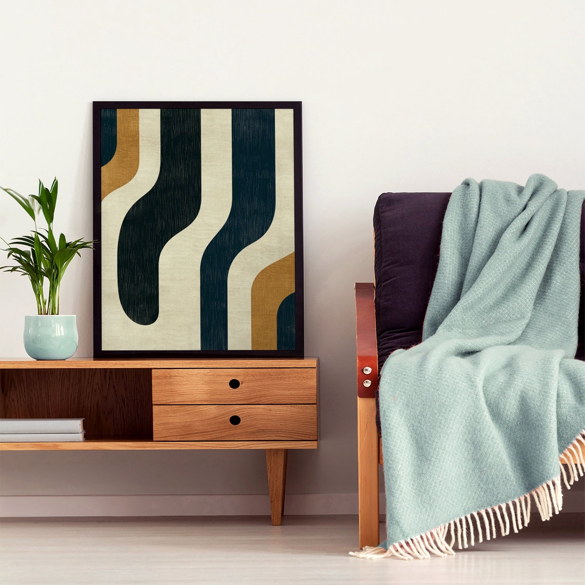 Vertical Wavy Stripes Navy Cream Ochre Retro Abstract Poster - Image 4