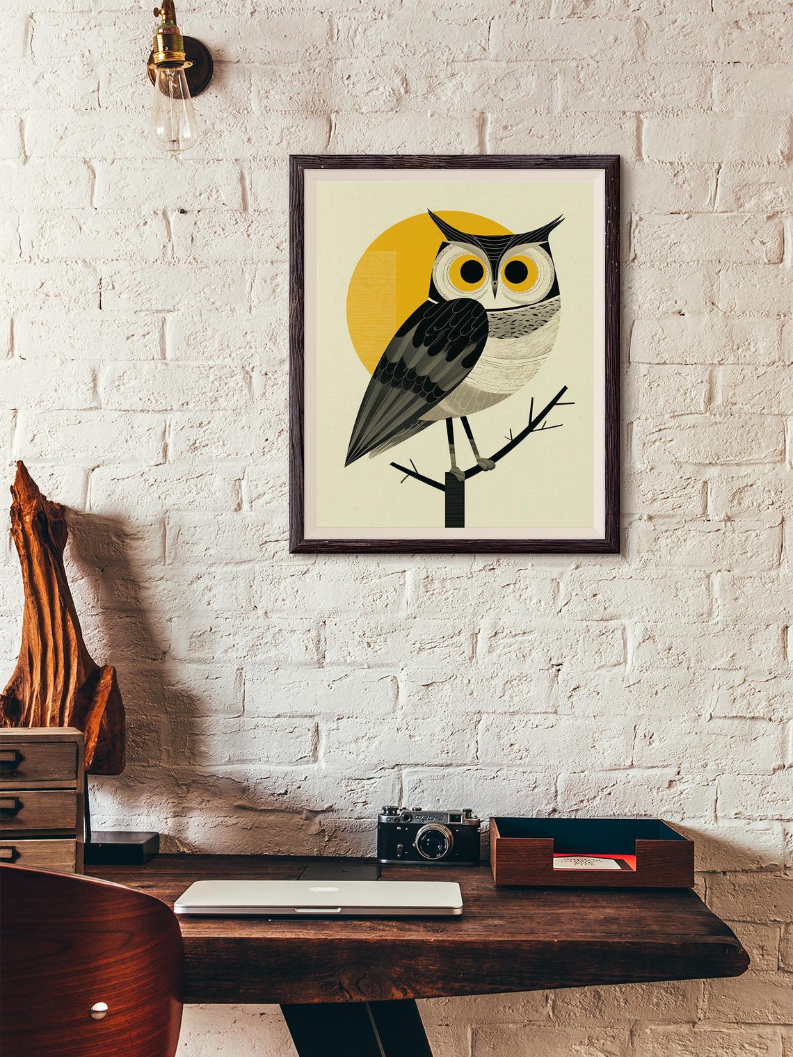 Retro Geometric Owl Perched on a Branch Under a Golden Sun Poster - Image 3