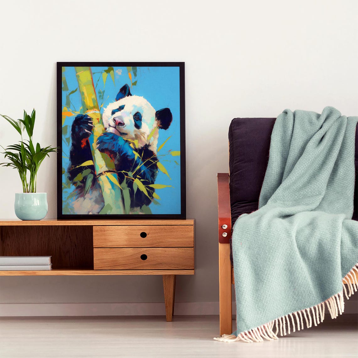 Colorful Giant Panda Hugging Bamboo Against a Bright Blue Sky Poster - Image 8