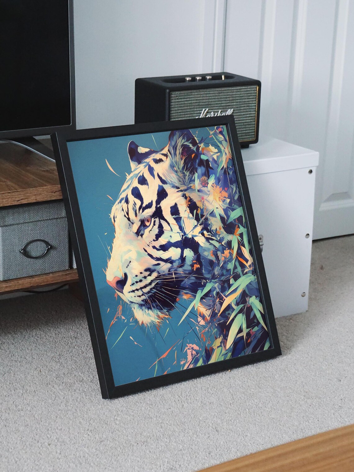 White Tiger Profile in Fragmented Abstract Style With Teal Leaves Poster - Image 8