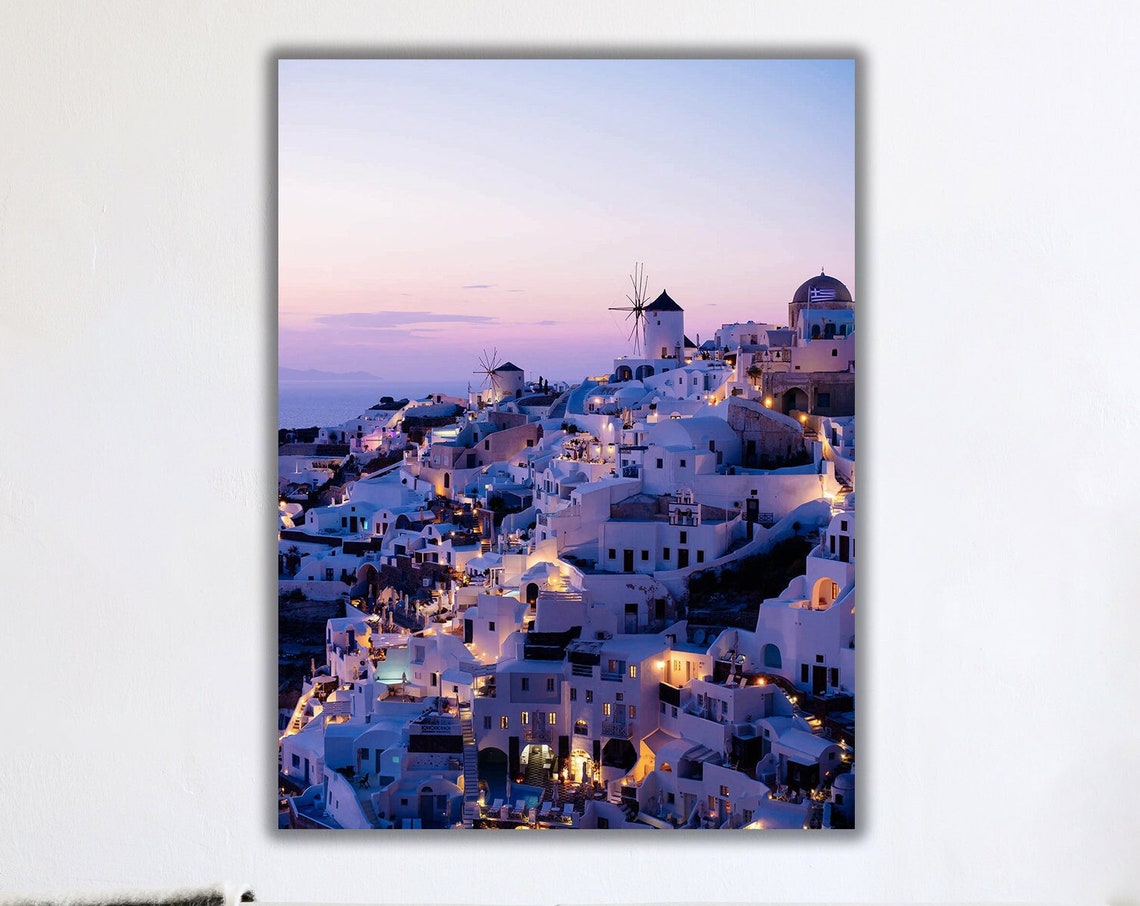 Santorini Greece Oia Village Sunset Poster Windmills Blue Domes