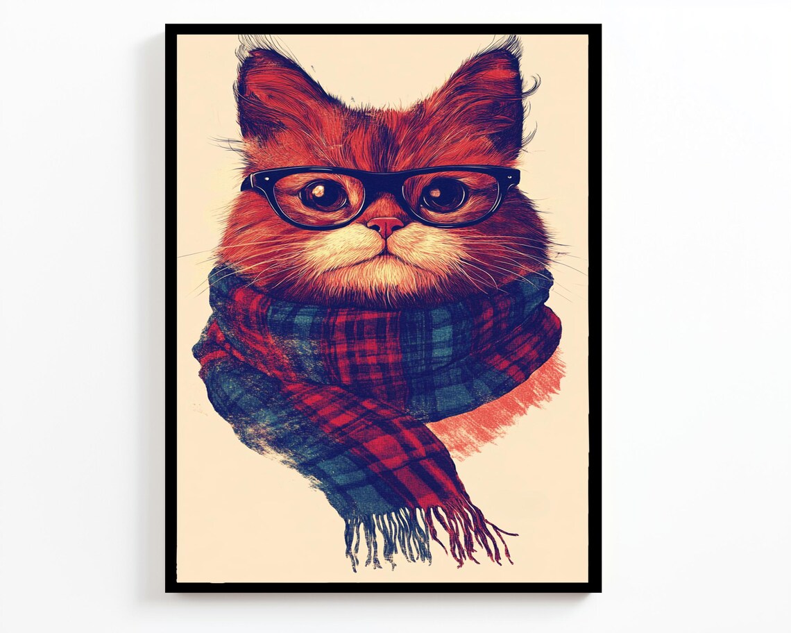 Hipster Cat With Glasses And Plaid Scarf Funny Orange Tabby Wall Art Poster - Image 2