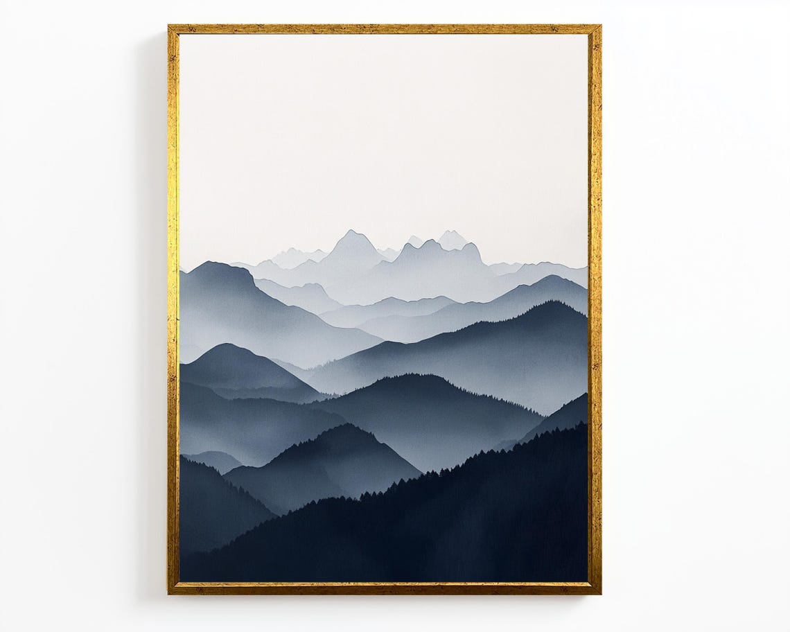 Misty Blue Layered Mountain Ranges Soft Ombre Landscape Wall Art - Image 2