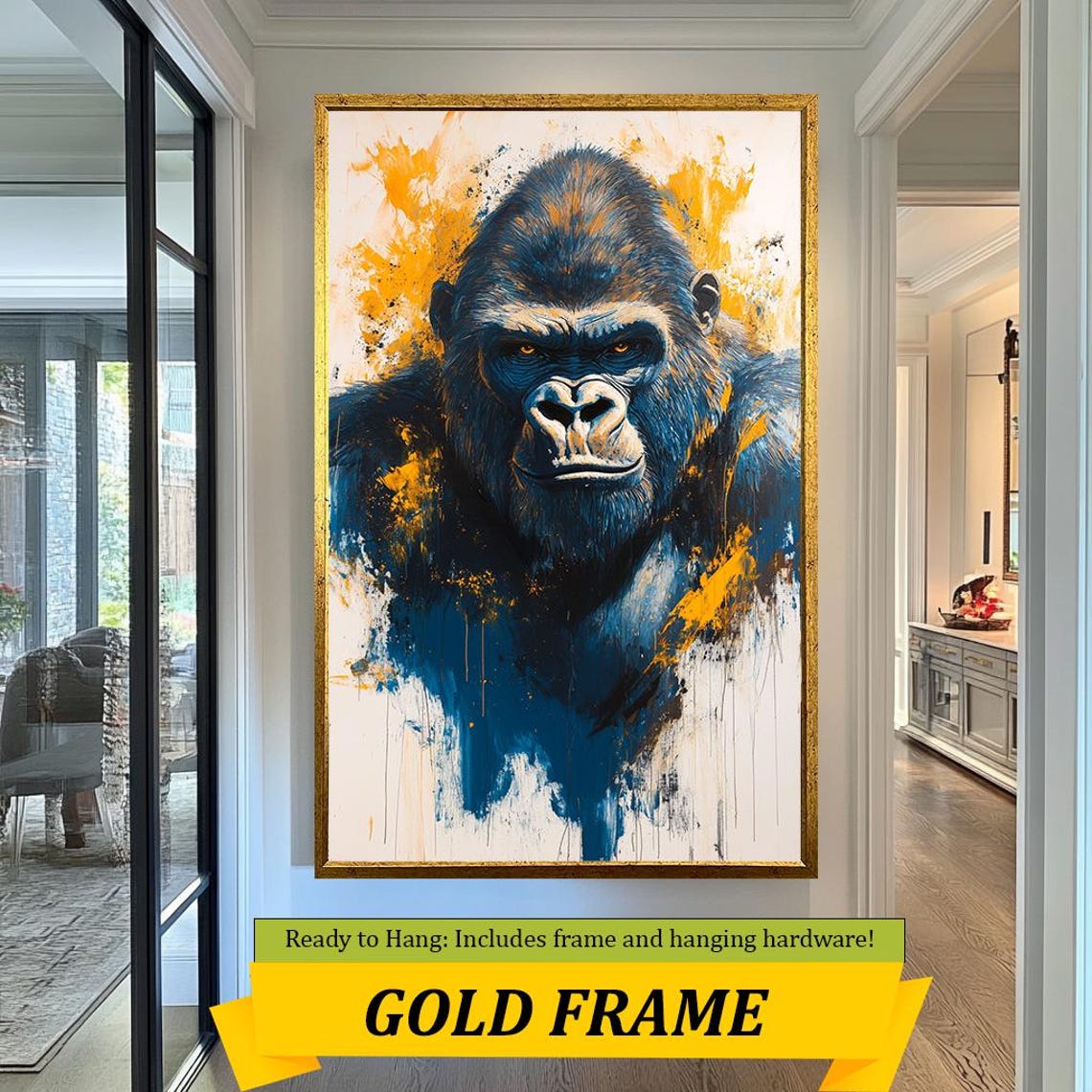 Bold Gorilla Wall Art In Blue And Gold Abstract Wildlife Artwork With Fierce Expression Powerful Animal Decor For Modern Interiors - Image 3