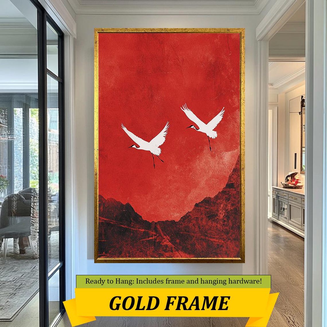 Japanese White Cranes Over Red Mountain Ridge Sunset Sky Wall Art - Image 3