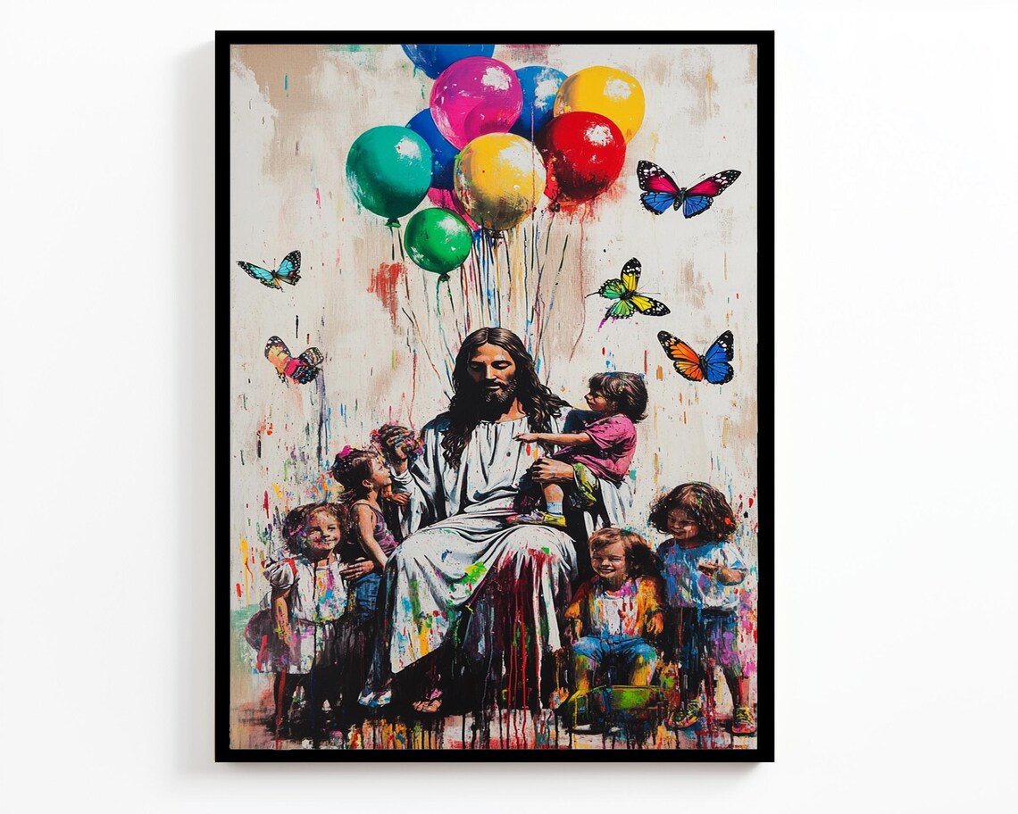 Jesus With Children Colorful Balloon Bunch Butterfly Splatter Art Poster - Image 2