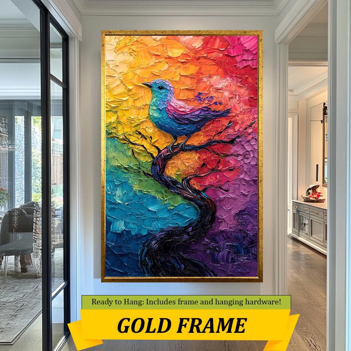 Vibrant Rainbow Bird On Branch Thick Impasto Oil Painting Wall Art - Image 3