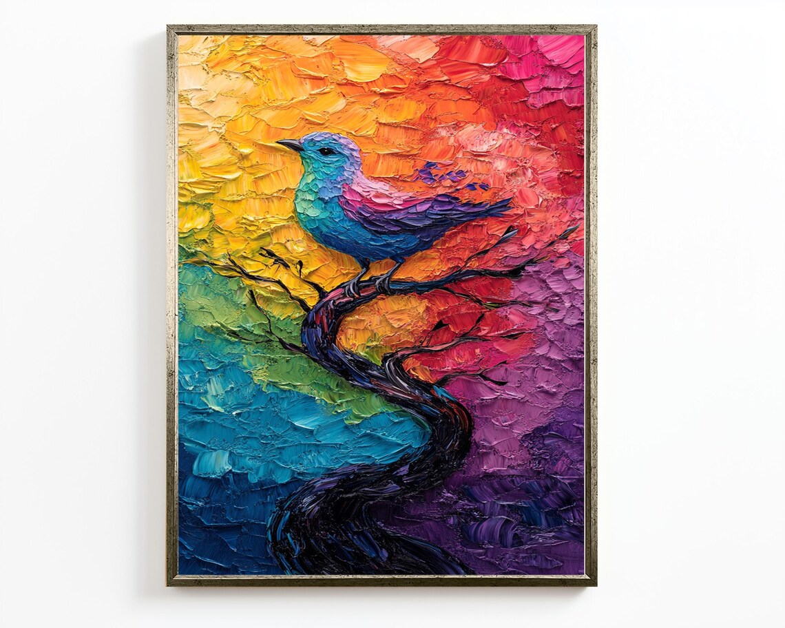 Vibrant Rainbow Bird On Branch Thick Impasto Oil Painting Wall Art - Image 2