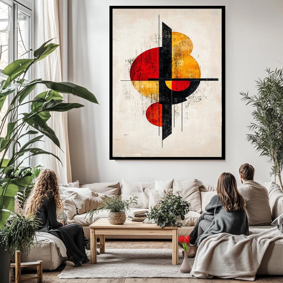 Abstract Cross Geometric Red Gold Circles Modern Christian Art Poster