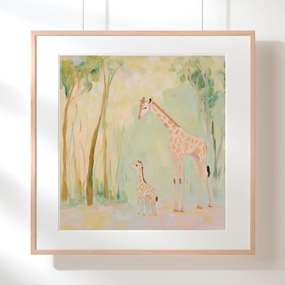 Mother And Baby Giraffe Wall Art Whimsical Safari Landscape Vibrant Artwork For Instant African New Gift