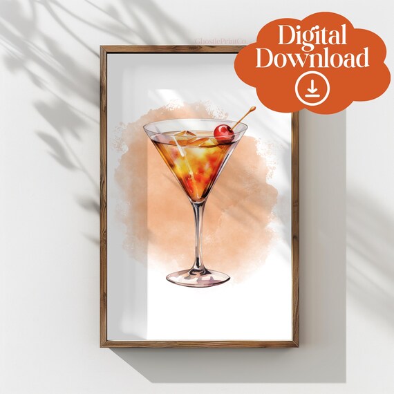 Manhattan Cocktail Watercolor Martini Glass Cherry Home Bar Art Poster