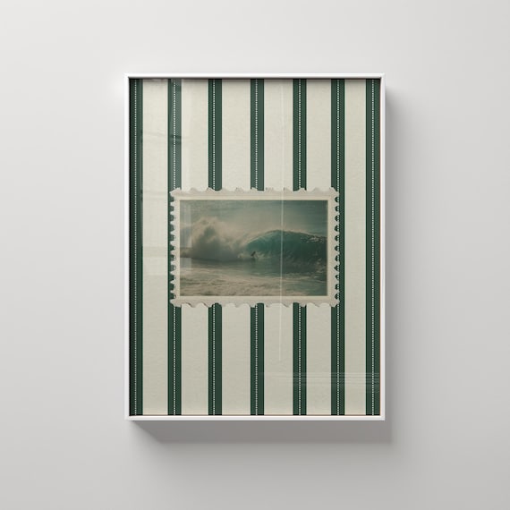 Vintage Surf Wave Photo Postage Stamp on Coastal Stripe Art Print