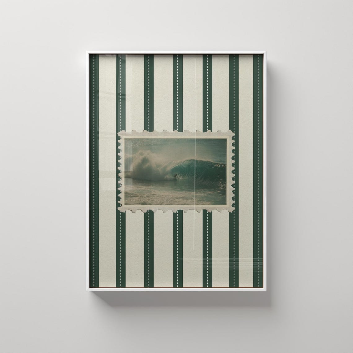 Vintage Surf Wave Photo Postage Stamp on Coastal Stripe Art Print