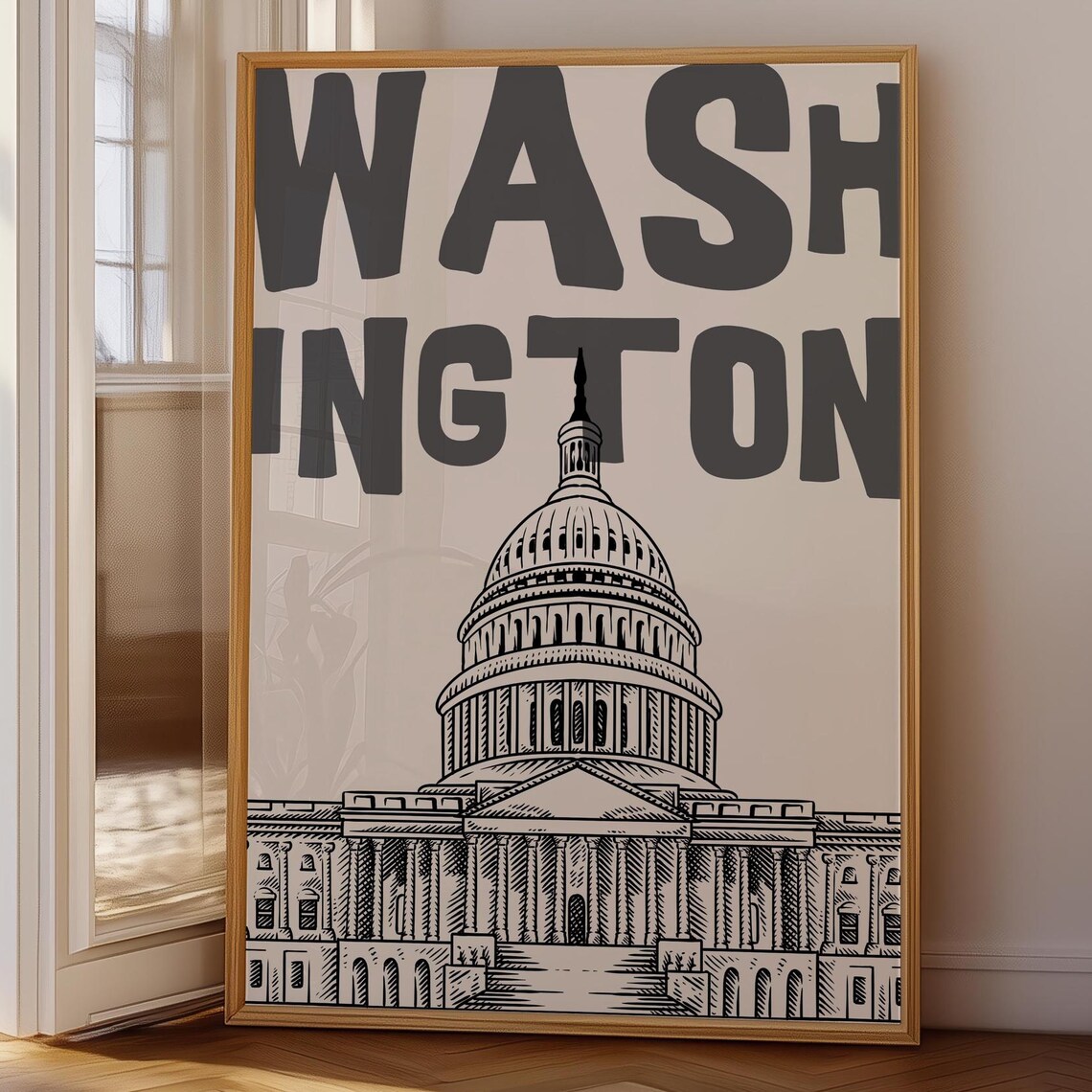 Washington DC Capitol Dome Monochrome Line Art Landmark Poster