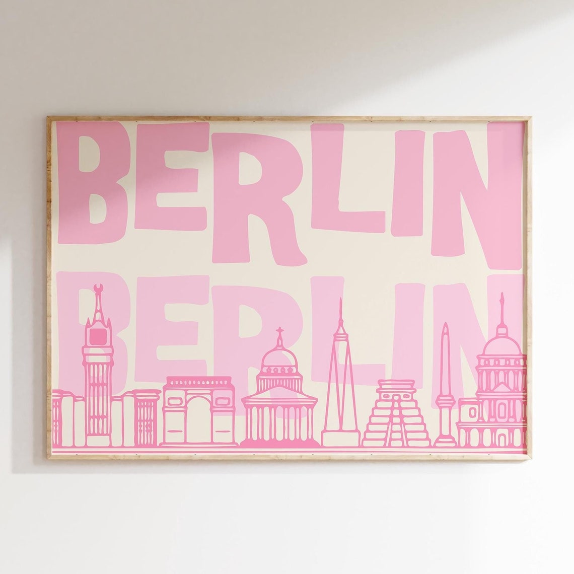 Berlin Pink Bold Lettering Landmarks Skyline Line Art Poster