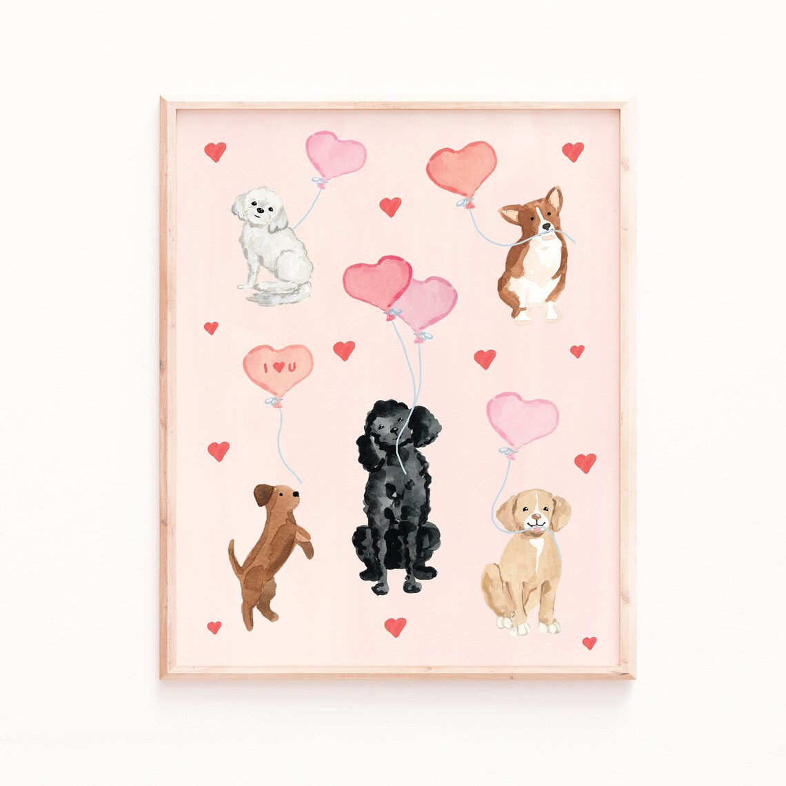 Valentine's Day Dogs Art Print, Cute Animal Painting