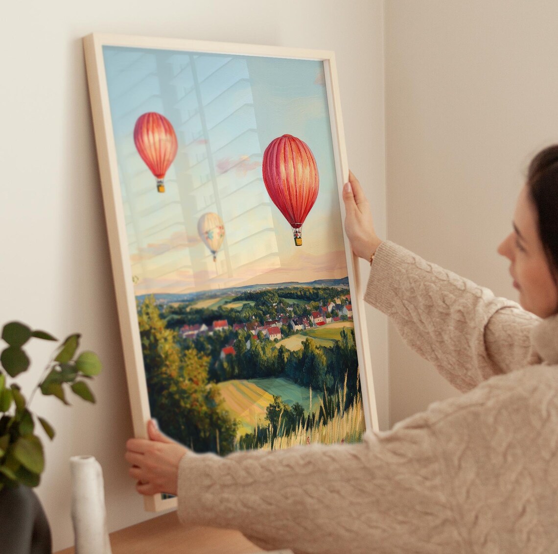 Hot Air Balloons Over Village Sunset Rolling Hills Golden Sky Poster - Image 4