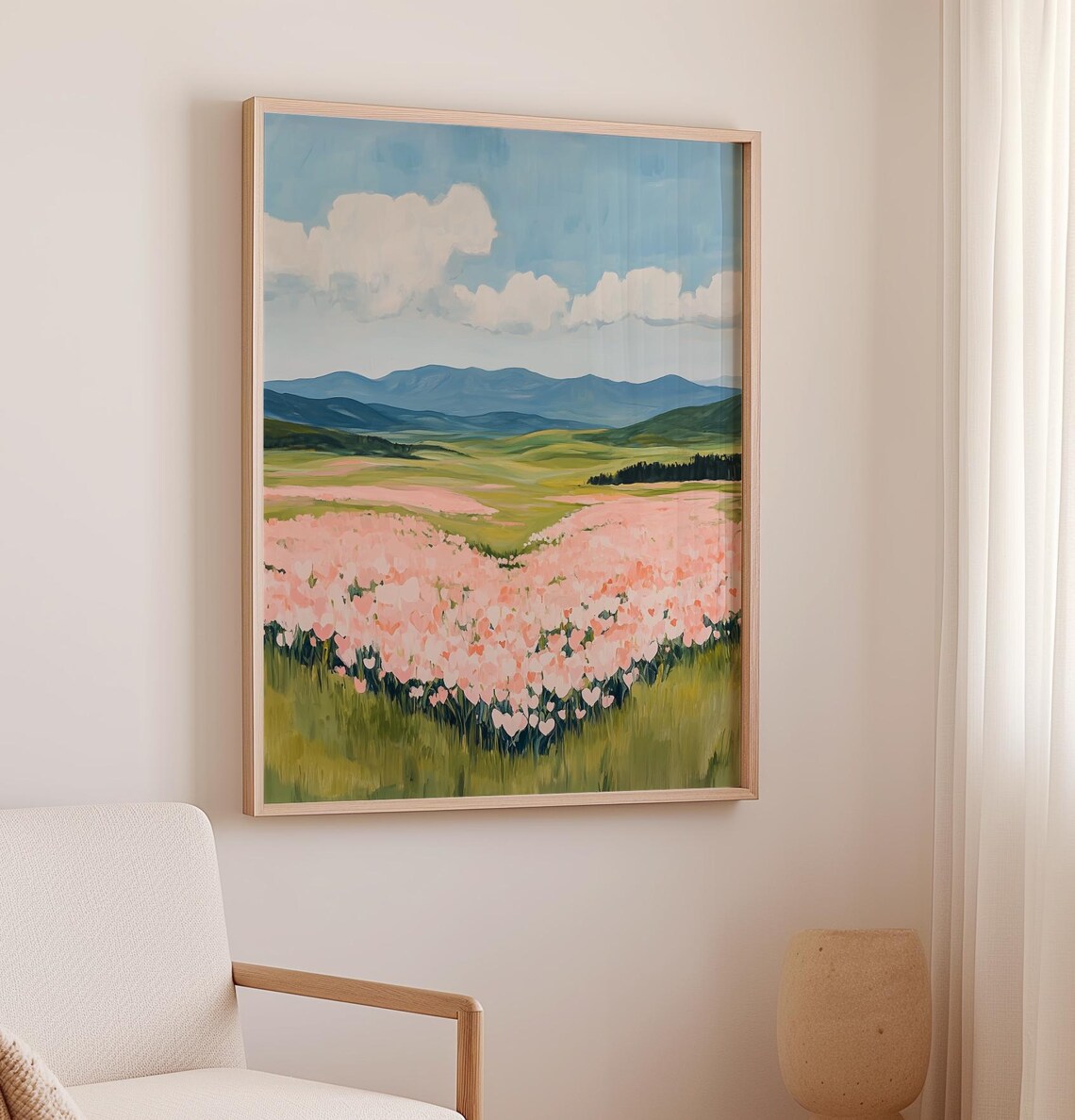 Pink Heart Flower Field With Mountain Valley View Art Poster - Image 3