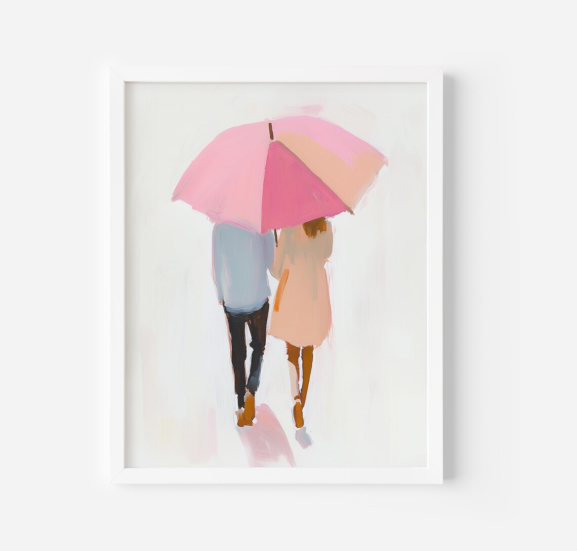Couple Under Pink Umbrella Romantic Minimalist Love Story Art Poster