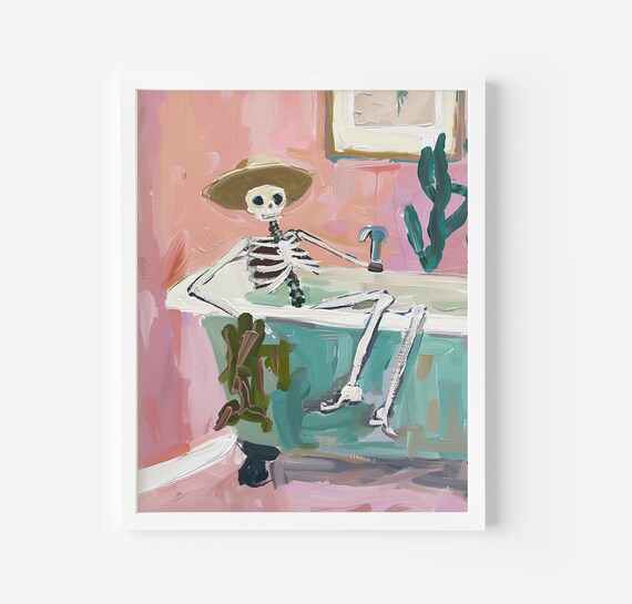 Skeleton In Vintage Bathtub Pink Halloween Spooky Painting Poster