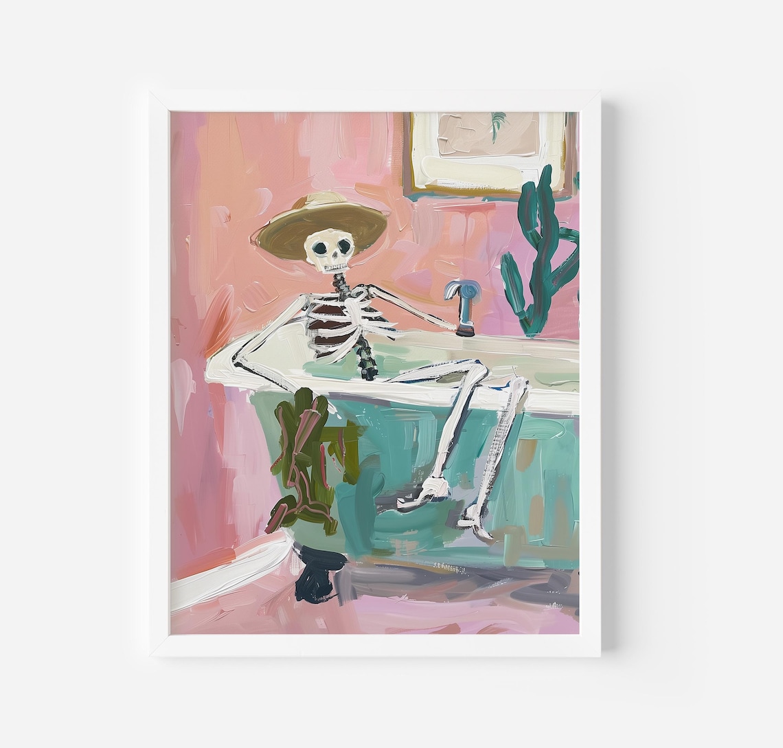 Skeleton In Vintage Bathtub Pink Halloween Spooky Painting Poster