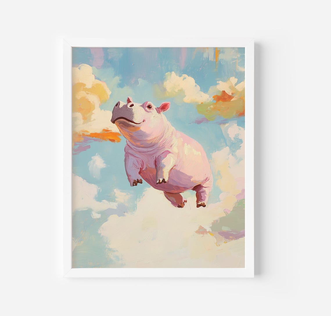 Flying Pink Hippo Soaring Through Clouds Whimsical Sky Poster