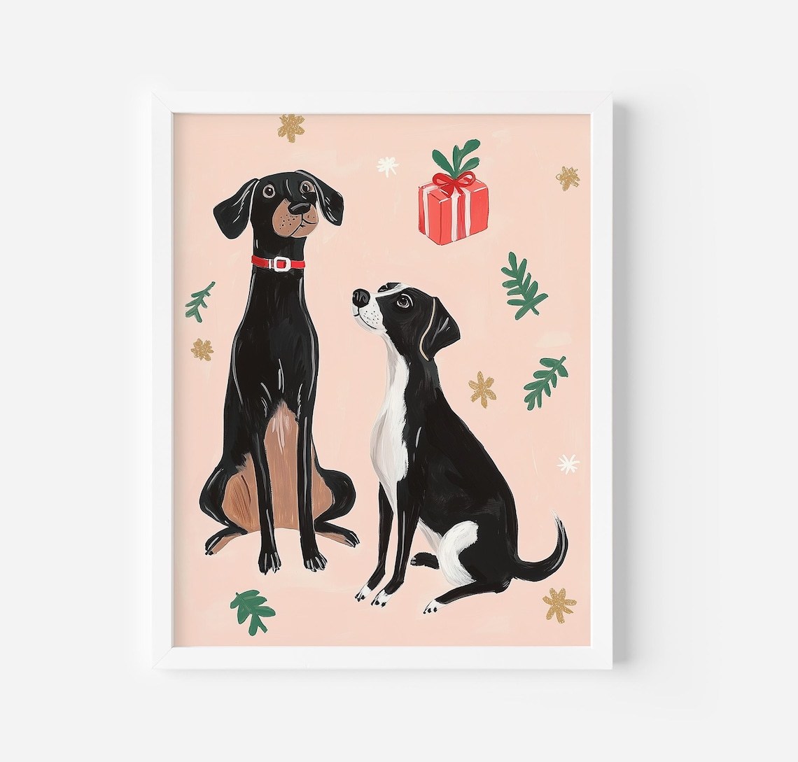 Two Black Dogs With Christmas Gift On Pink Background Art Poster