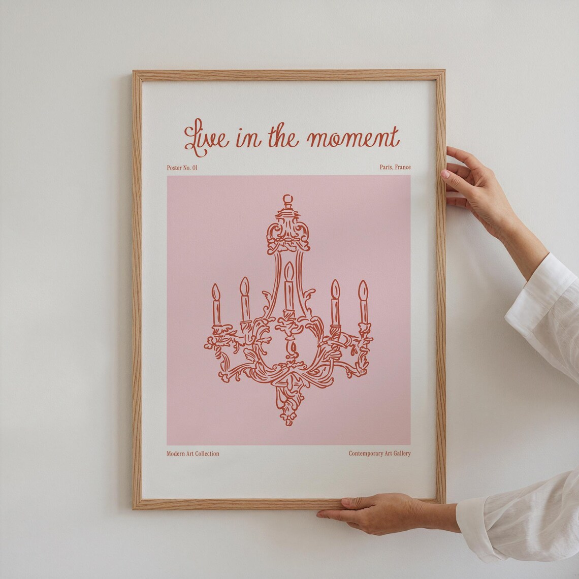 Live in the Moment Pink Chandelier Line Art Trendy French Quote Wall Poster