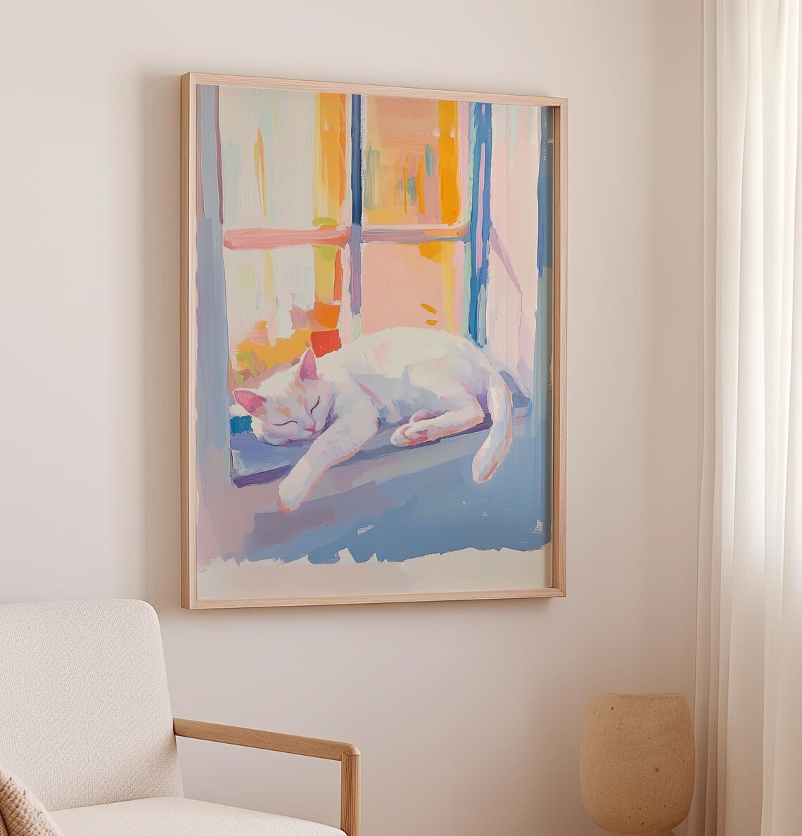 Sleeping Cat Art Print White Cat Print Soft Spring Home Decor Cute Cat Nursery Artwork Aesthetic Cat Wall Art Sleeping Kitten Painting - Image 2