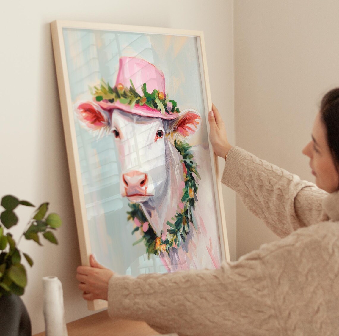 Happy Cow In Pink Floral Hat With Garden Garland Animal Poster